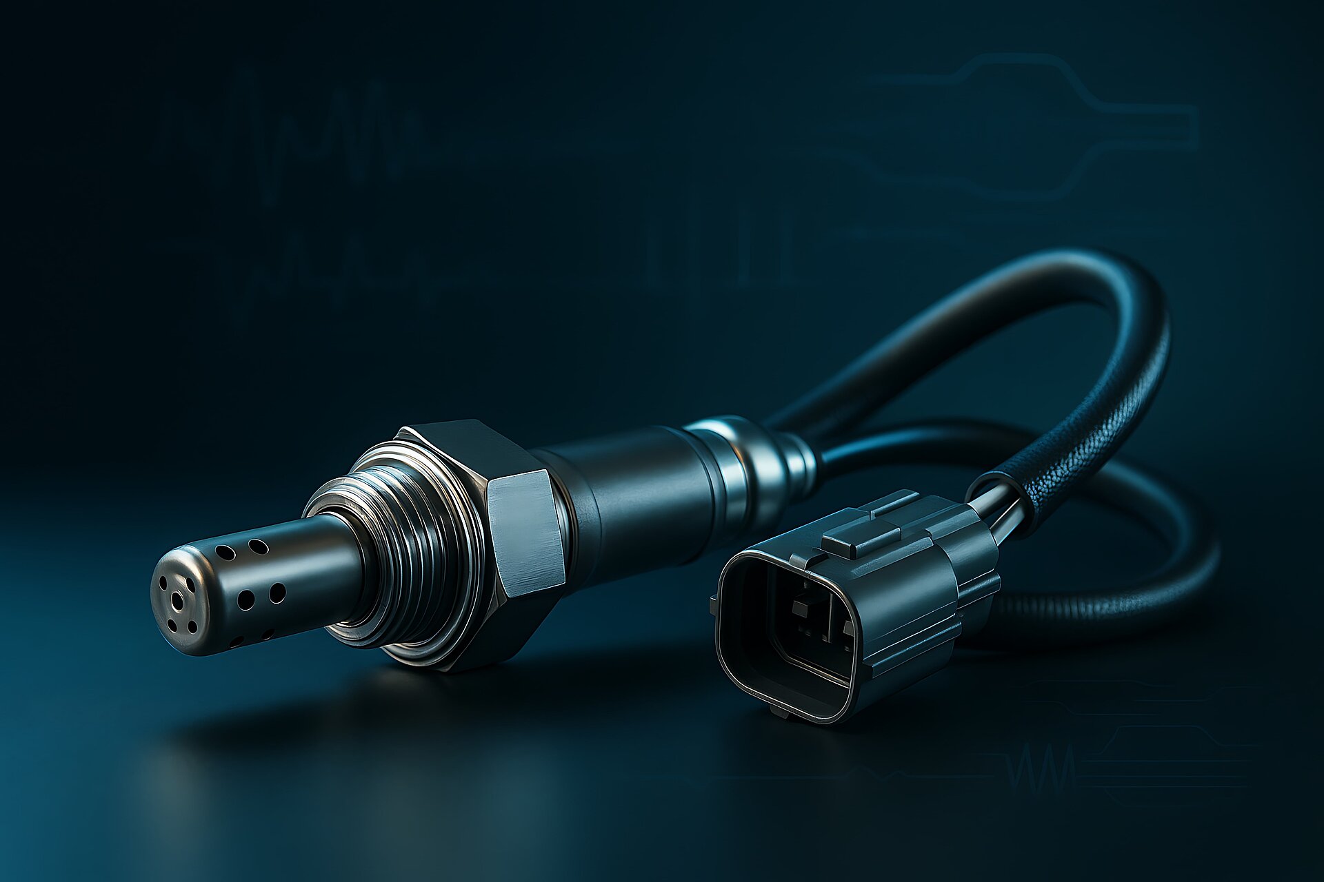 Hochdetaillierte Lambdasonde für Kraftfahrzeuge mit futuristischer cyanfarbener Studiobeleuchtung