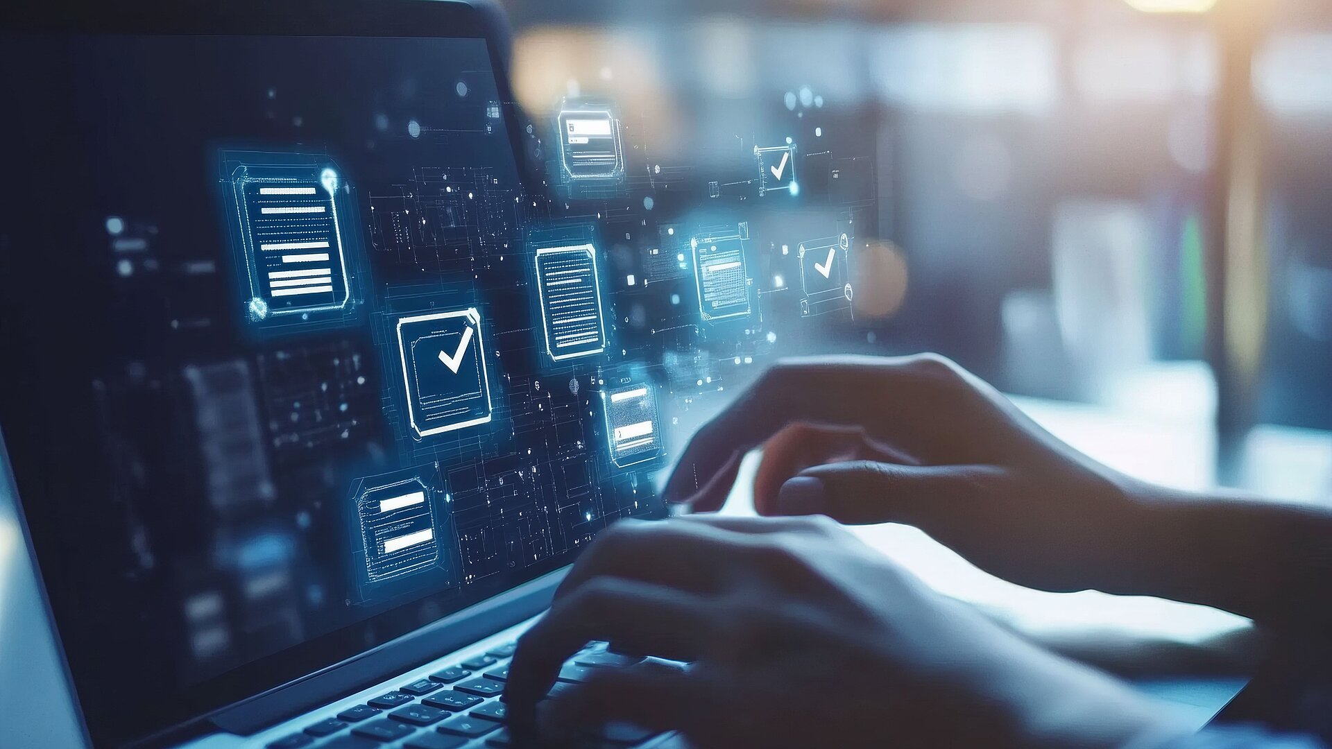 Person, die mit digitalen Dokumenten und einem Touchscreen für Remote-Arbeit und Kommunikation interagiert