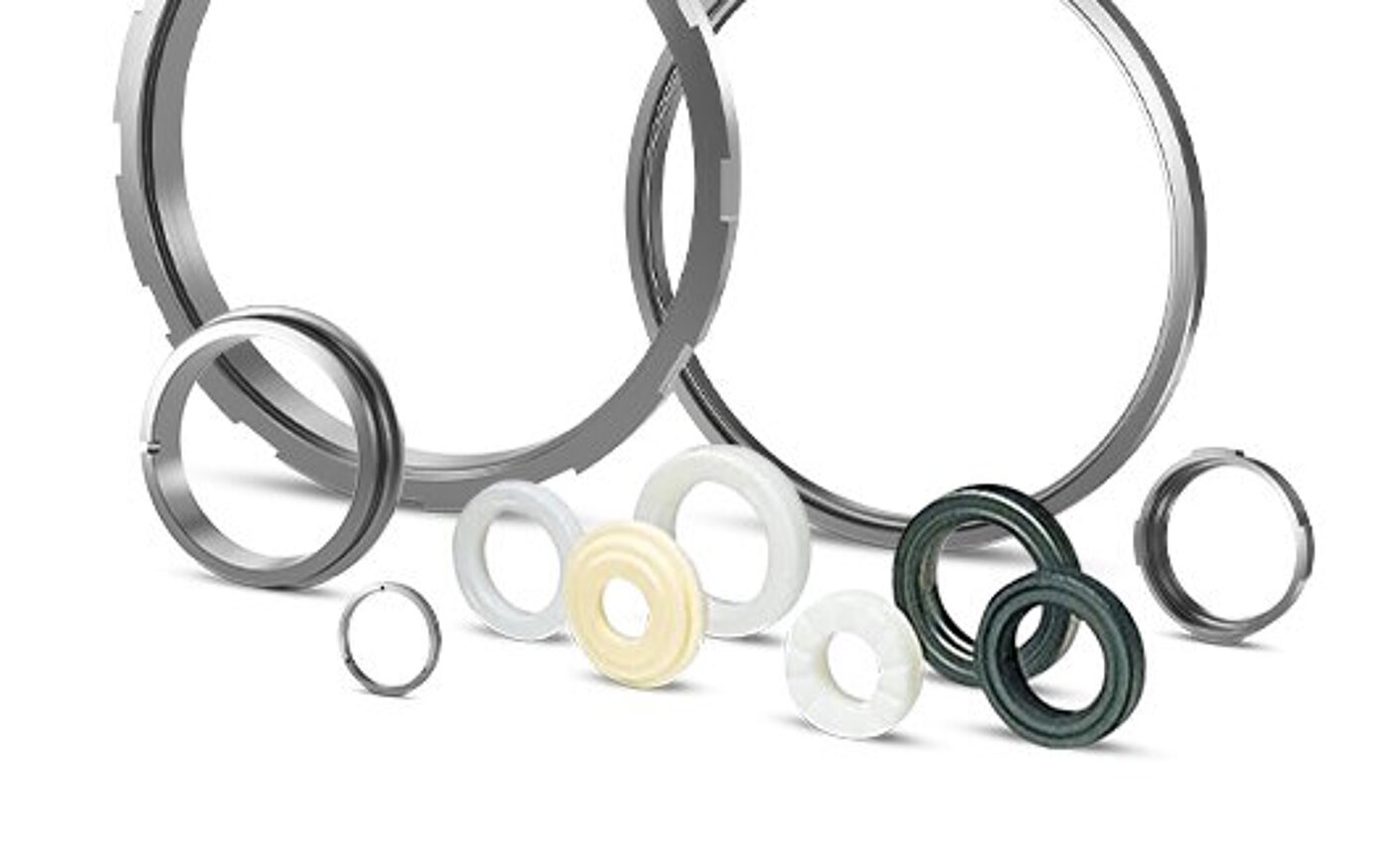 Sealing components for industrial pumps on white background