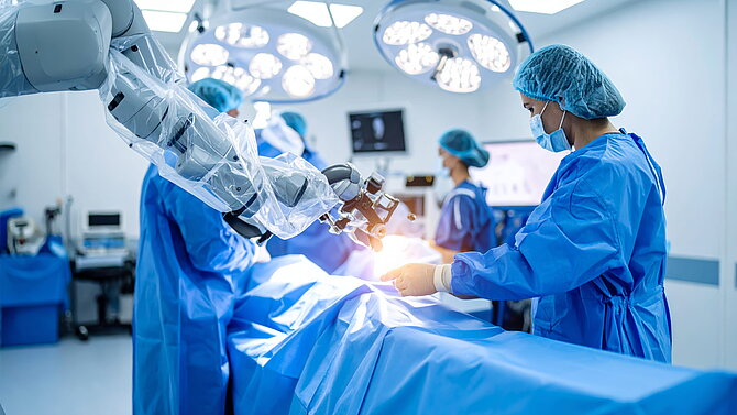 Chirurgen und fortschrittlicher Roboterarm arbeiten gemeinsam an einem heiklen Eingriff in einem modernen Operationssaal