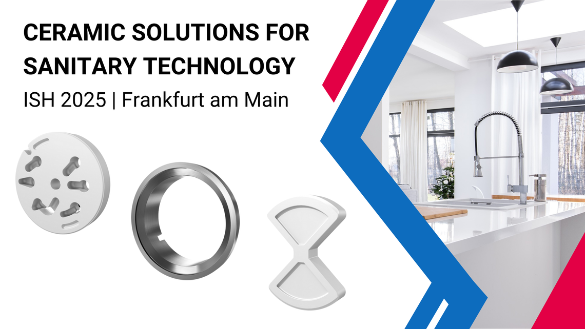 The flyer for CeramTec's appearance at ISH 2025 shows a picture of a modern kitchen and three sealing rings