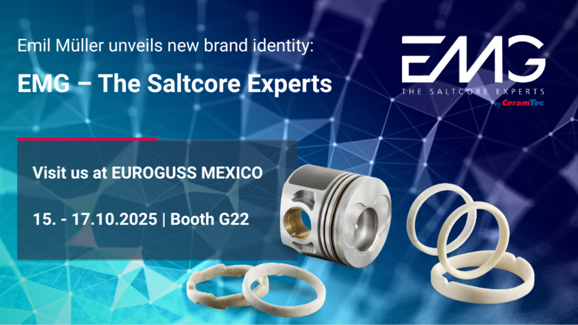 Banner with salt cores on a blue background informs about the EUROGUSS appearance of EMG Saltcores