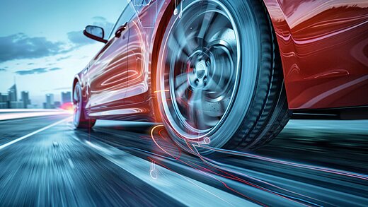 Nahaufnahme eines roten Sportwagens, der flott über die Straße fährt