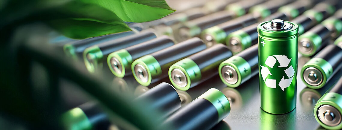 A green battery with a recycling symbol symbolises the topic of battery recycling.