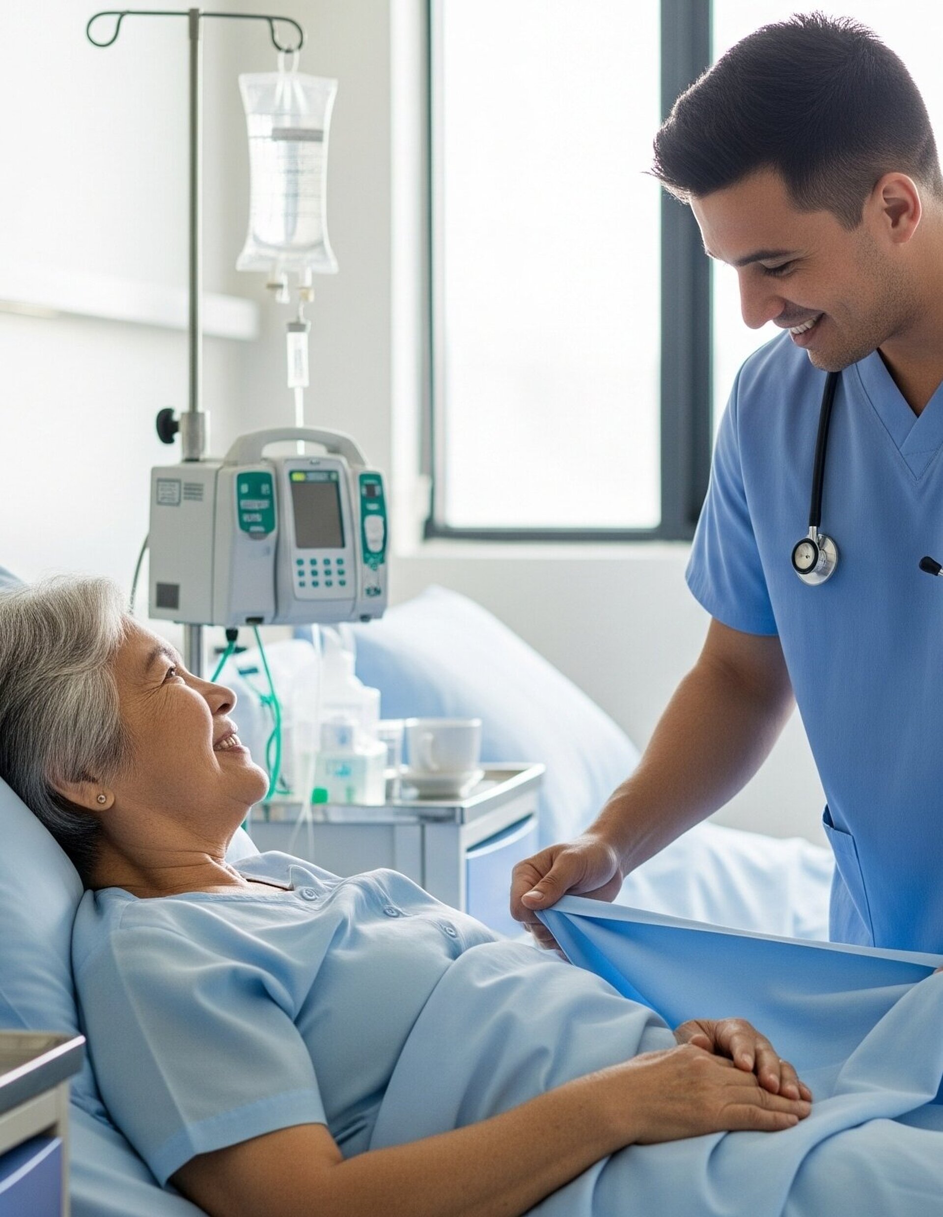 Caring male nurse adjusting hospital bed sheets for a smiling senior female patient 