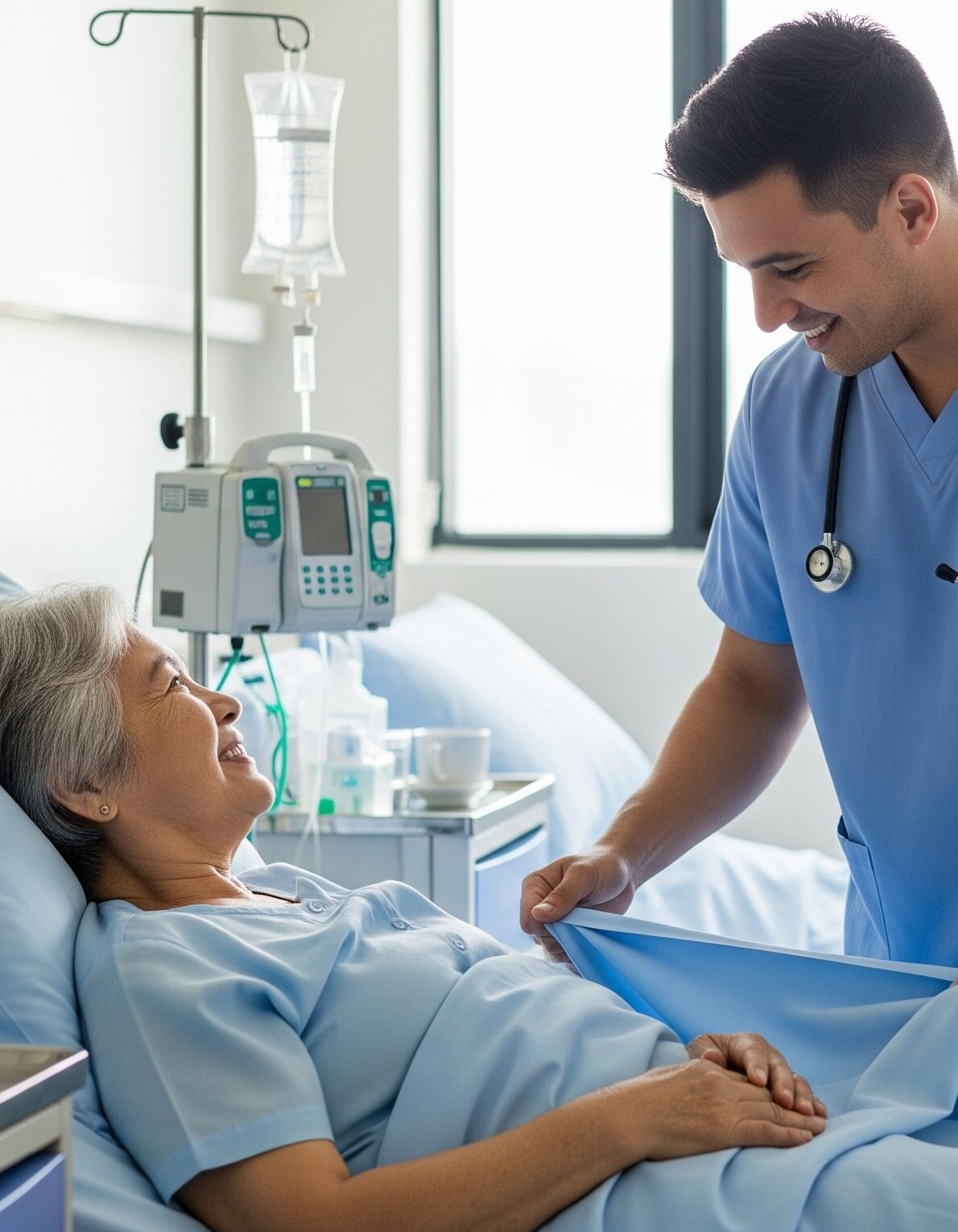 Fürsorglicher männlicher Krankenpfleger richtet Krankenhausbettlaken für eine lächelnde ältere Patientin