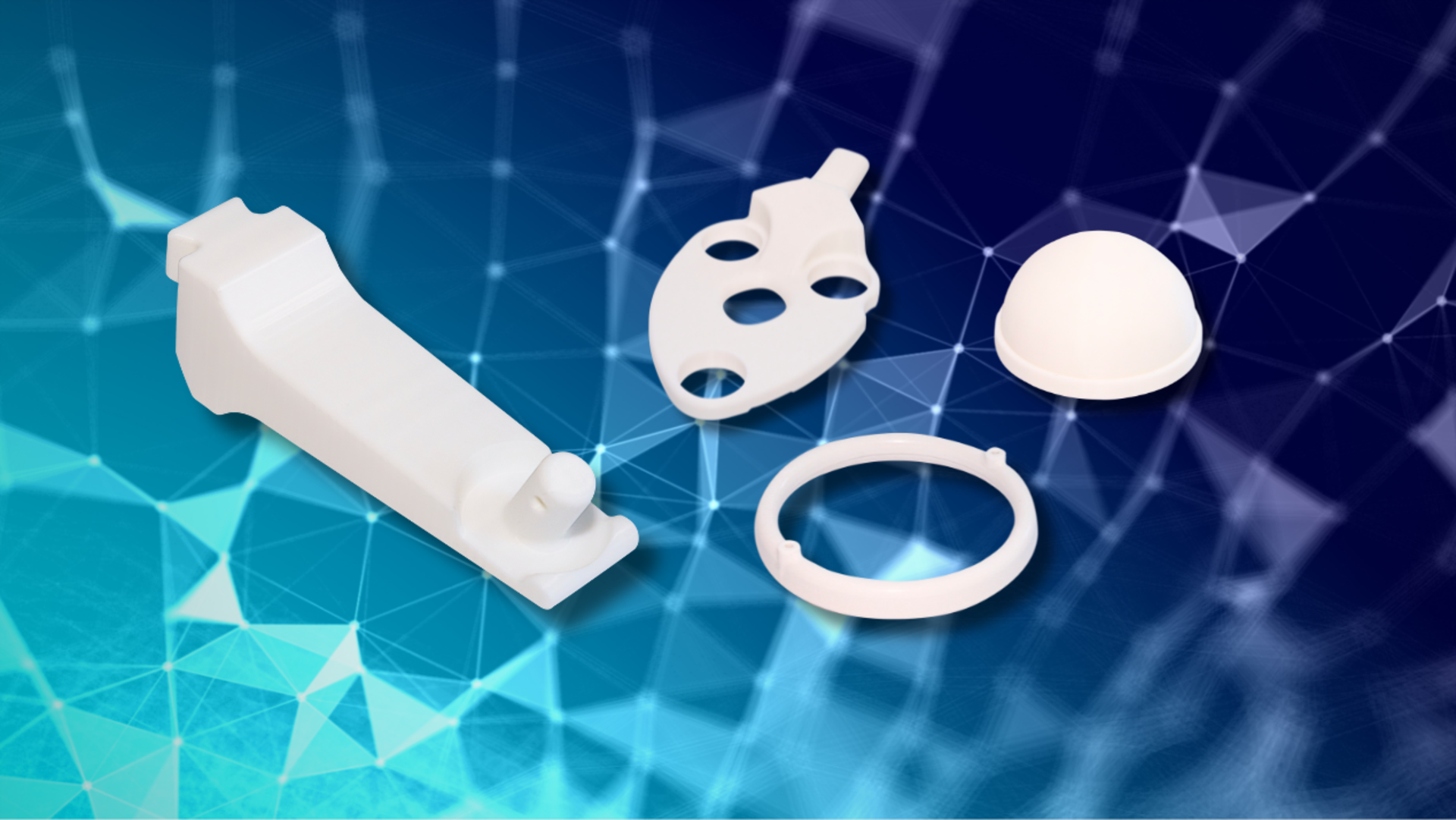 Various white salt cores from EMG Saltcores (formerly Emil Müller GmbH) against a blue background