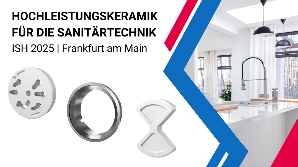 Der Flyer für den Auftritt der CeramTec auf der ISH 2025 zeigt ein Bild von einer modernen Küche sowie drei Dichtungsringe