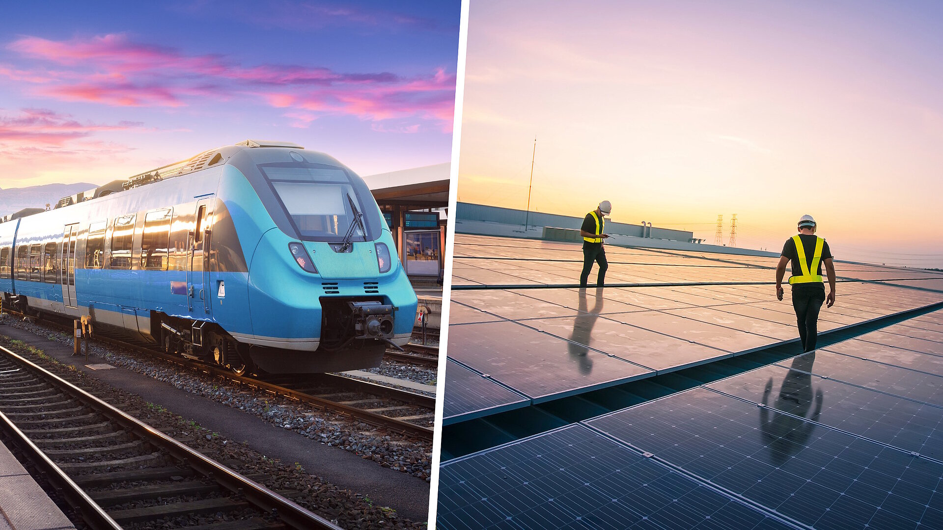 Split-Bild: Links ist ein moderner elektrifizierter Zug, rechts laufen zwei Männer über eine Solaranlage