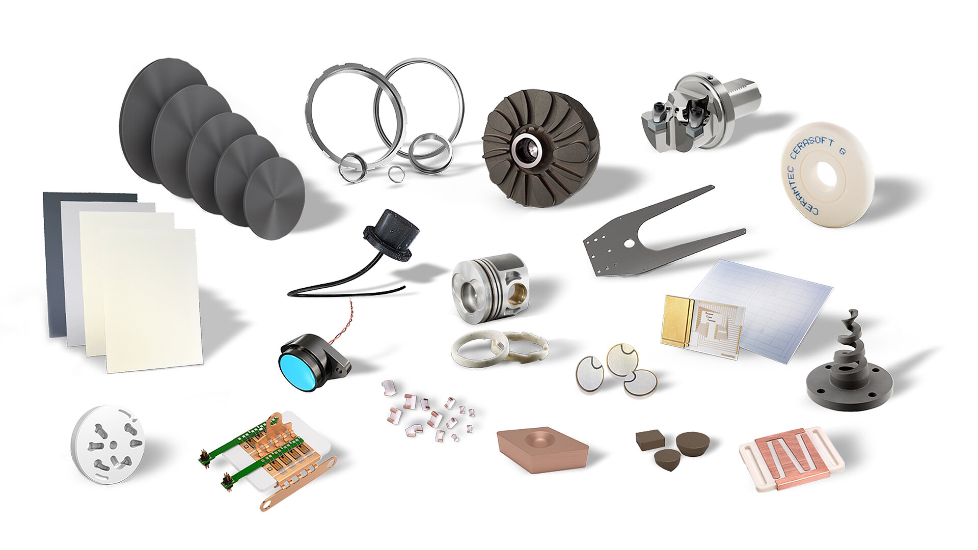 Große Auswahl an Produkten aus Hochleistungskeramik von CeramTec Industrial vor weißem Hintergrund