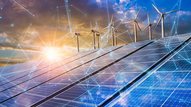 solar cell plant and wind generators in urban area connected to smart grid