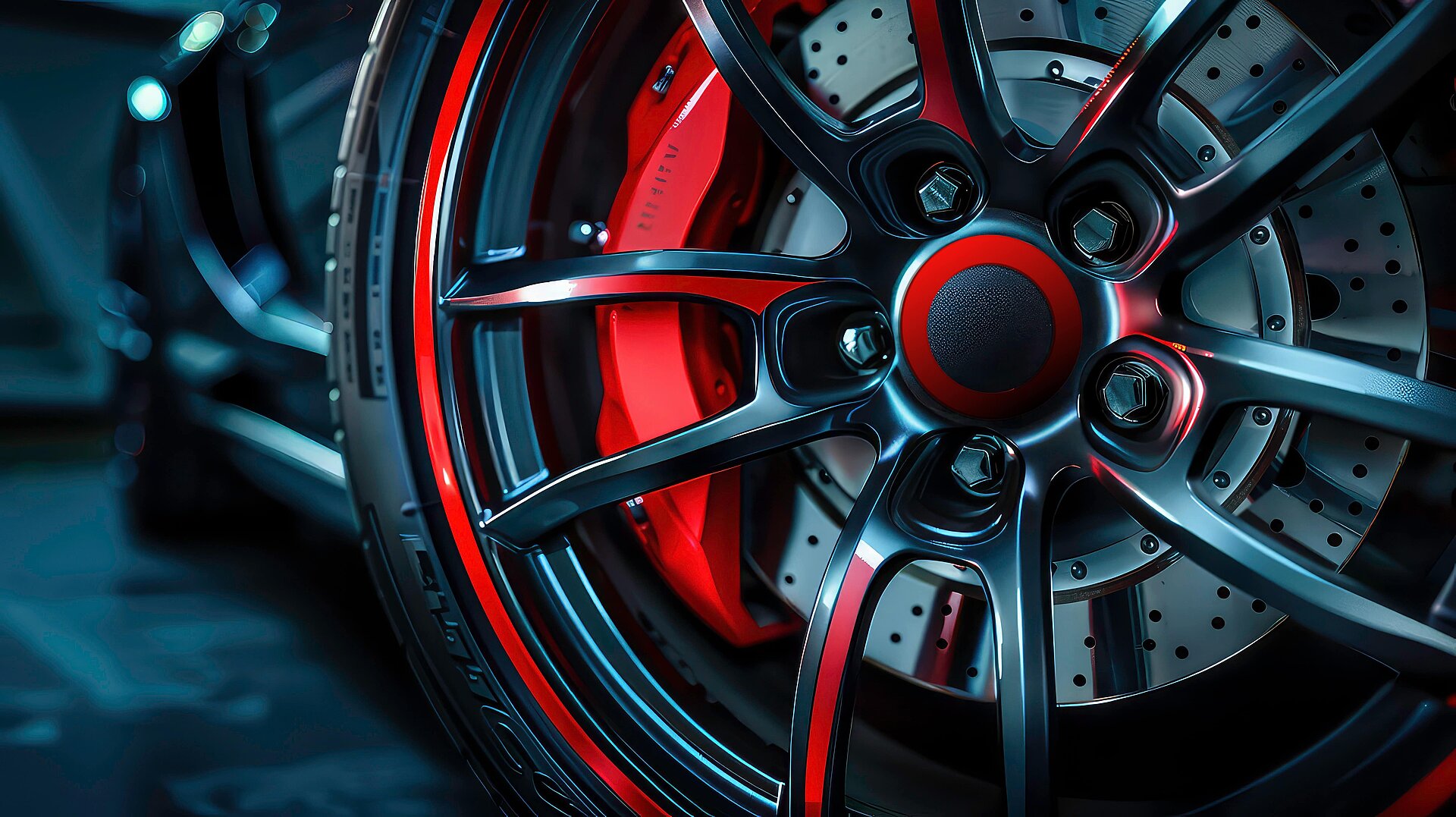 Close-up of a modern, red brake system of a sports car