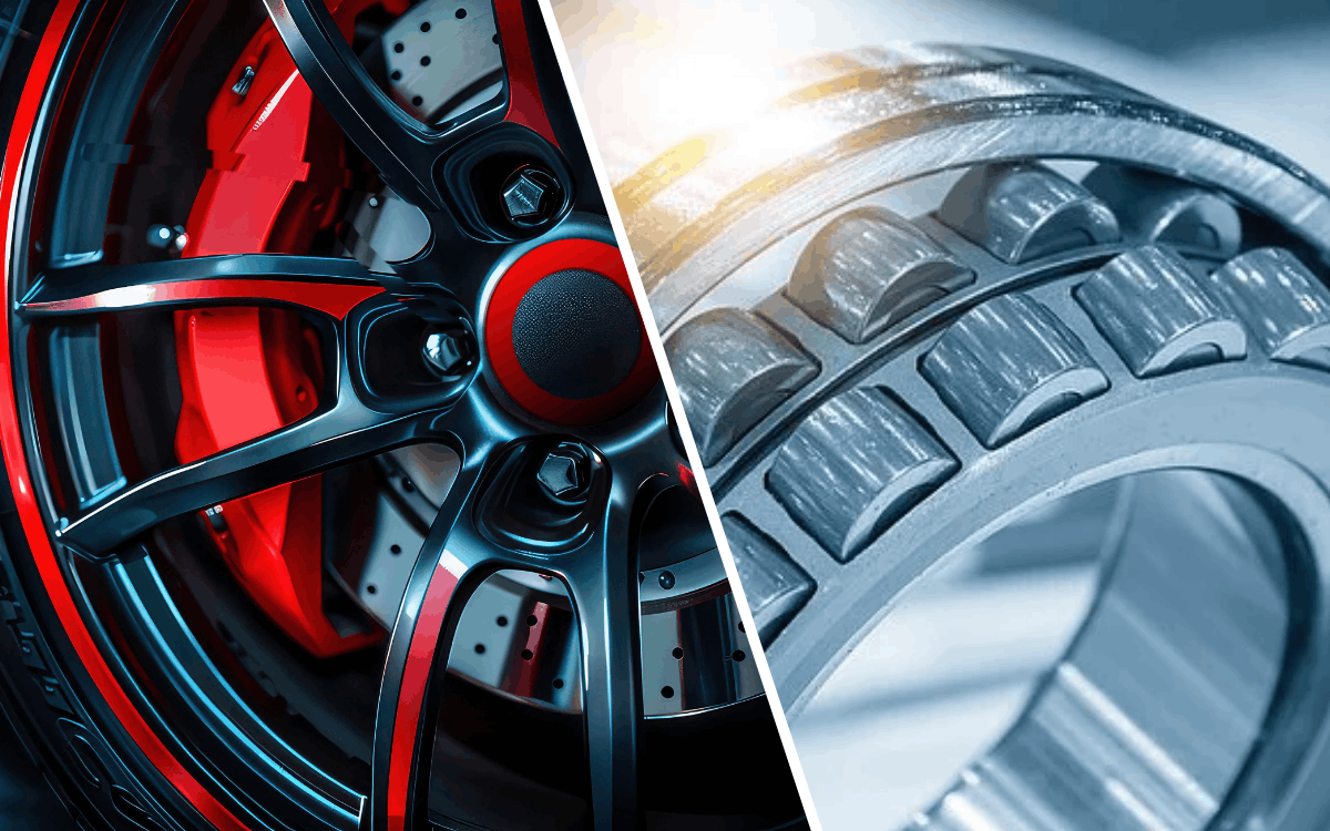 Mix-Bild einer Bremsscheibe eines modernen Sportwagen links und einer Wälzlagerrolle rechts