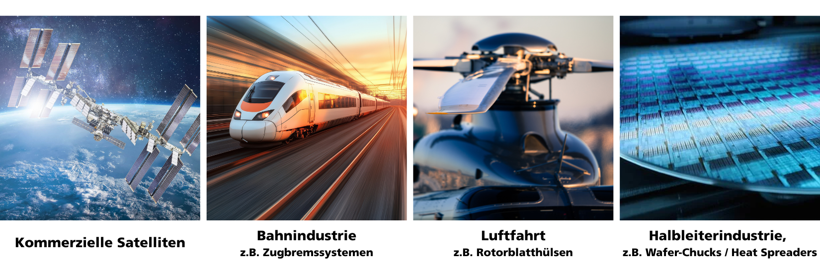 CeramTec setzt Metal-Matrix-Composites bei Satelliten, in Bremssystemen der Bahn, Roten von Hubschraubern sowie in der Halbleiterindustrie ein