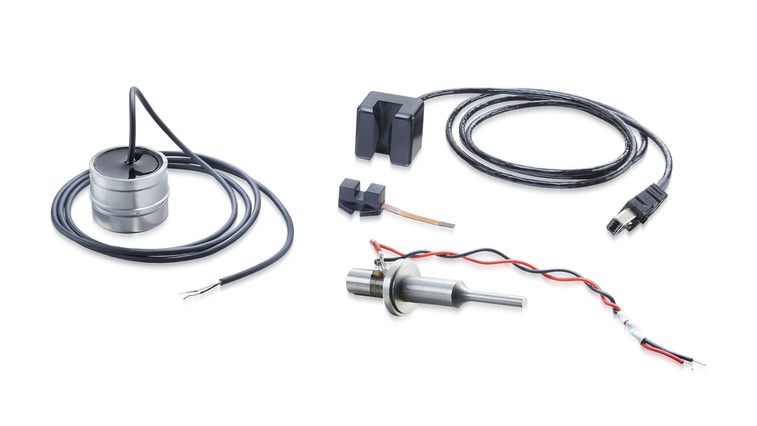 Verschiedene Produkte und Anwendungen aus Keramik für die Ultraschalltechnologie auf weißem Hintergrund